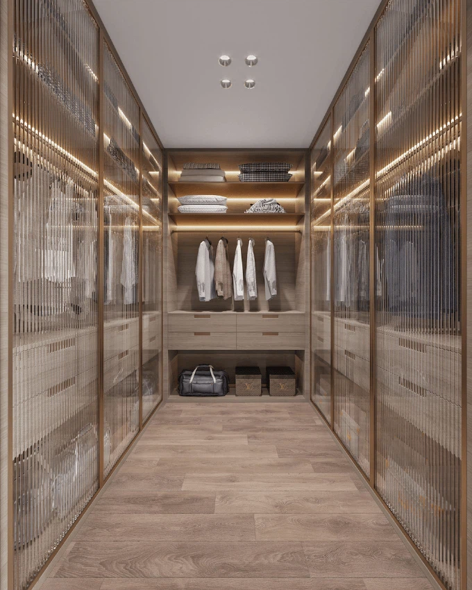 Luxury glass walk in wardrobe with wooden finish and transparent doors Luxury glass walk in wardrobe with wooden finish and transparent doors