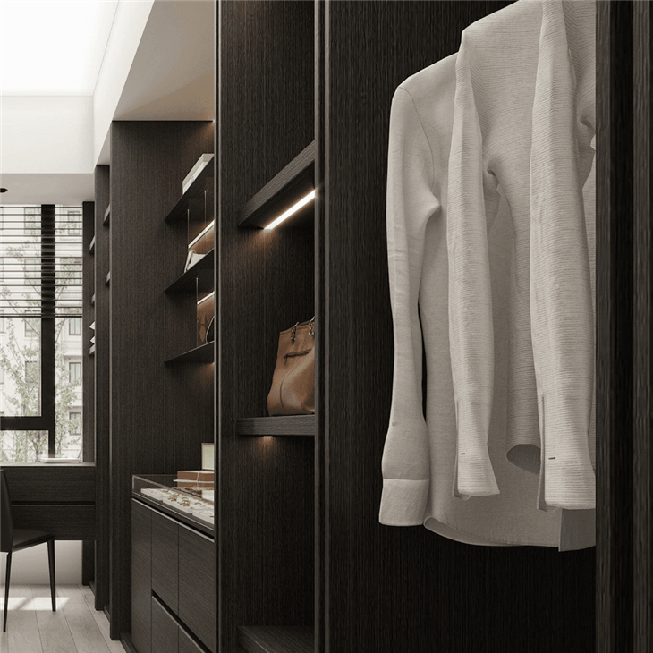 Modern Dark Wood Wardrobe shelves displaying clothing and leather handbags