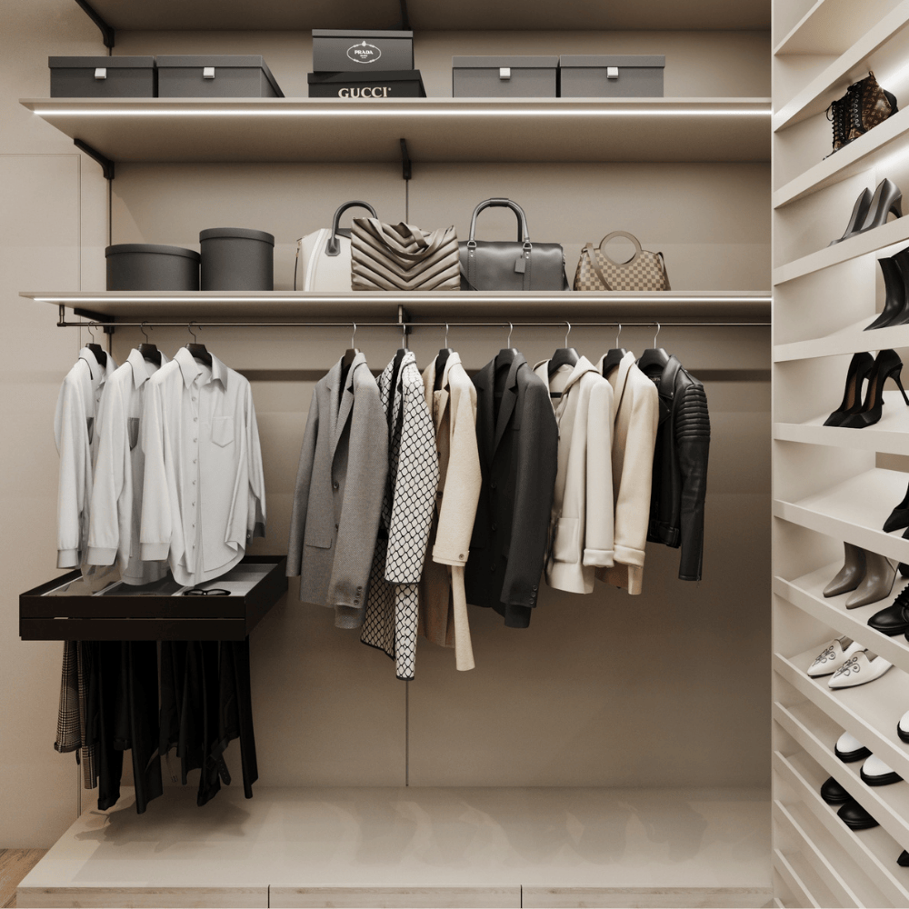 Minimalist small space closet design with open shelves and clothing rack Minimalist small space closet design with open shelves and clothing rack