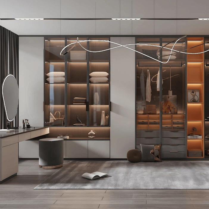 Premium glass wardrobe design with soft lighting and minimalist layout. Premium glass wardrobe design with soft lighting and minimalist layout.