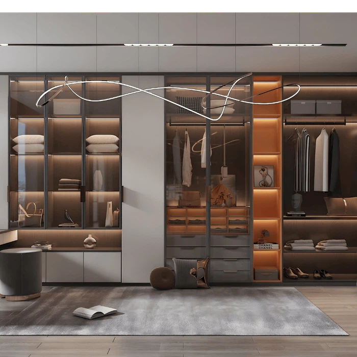 Contemporary glass wardrobe with aluminum frame and smart LED illumination. Contemporary glass wardrobe with aluminum frame and smart LED illumination.