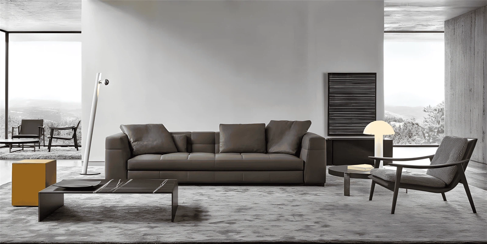 Contemporary leather sectional sofa in a bright living room with minimalist furniture decor. Contemporary leather sectional sofa in a bright living room with minimalist furniture decor.